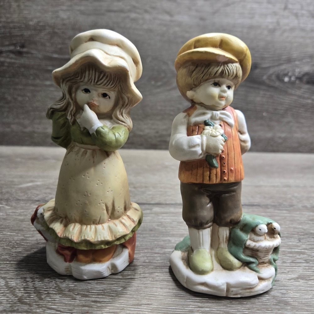 Vintage Boy & Girl Frog Figurines Pair Ceramic Children Country Cottage Decor